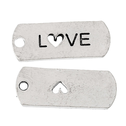 P360 - 10 pcs. Antique Silver "Love" Rectangle Charms Pendants - 21mm X 8mm