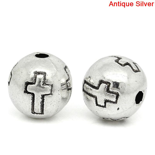 BD529 - 50 pcs Antique Silver Round Spacer Beads - 8mm - Cross Design - Hole Size: 1.3mm - METAL beads