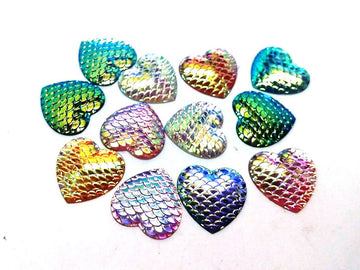 CA568A - 5 pcs Assortment of Iridescent Mermaid Fish Scales Resin Carved Embellishment Cabochons - 25mm (1") - Heart