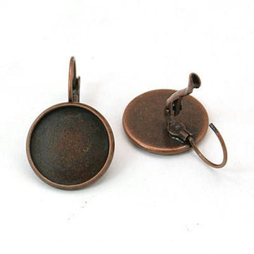 E781 - 10 pcs. Antique Copper Earring Clips Settings Lever Back Bezels Cabochons - 16mm Glue Pad Setting
