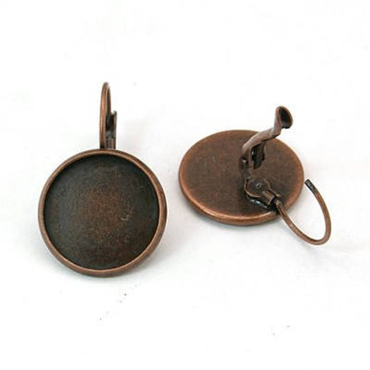 E781 - 10 pcs. Antique Copper Earring Clips Settings Lever Back Bezels Cabochons - 16mm Glue Pad Setting