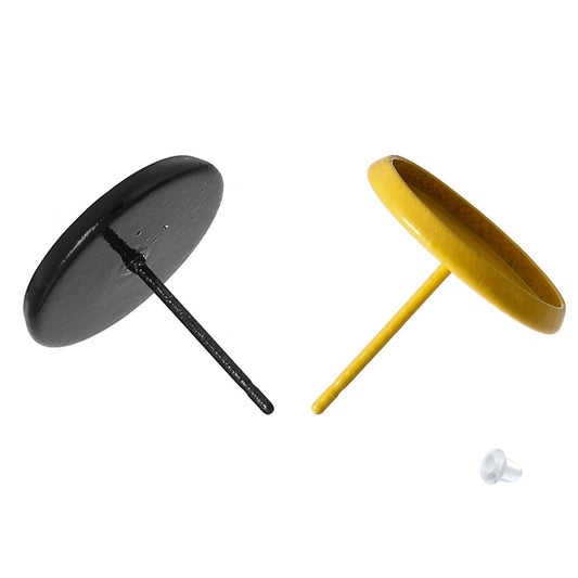 E531 - 50 pcs. Assortment Black White Yellow Earring Posts Settings Bezels Cabochons Tacks- 12mm Glue Pad Setting