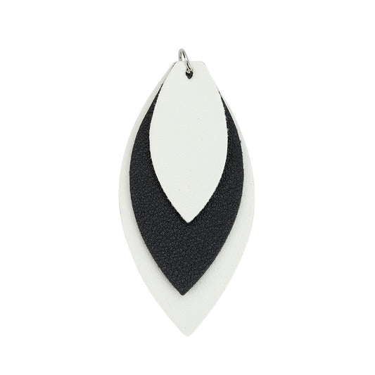 10 pcs. White Black White Faux Leather Dangle Charms Pendants - Leaf - Triple Layer - 71mm (2.8") - Great for Light Earrings or Dangles!
