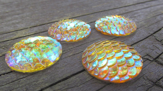 CA481 - 5 pcs Mermaid Fish Scales Resin Carved Embellishment Cabochons Orange - 25mm (1 in)