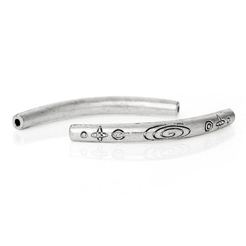 BD476 - 10 pcs. Antique Silver Noodle Carved Pattern Tube Long Thin Curved Beads - 43mm x 4mm (1.7" x 0.16")