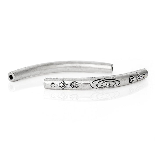 BD476 - 10 pcs. Antique Silver Noodle Carved Pattern Tube Long Thin Curved Beads - 43mm x 4mm (1.7" x 0.16")