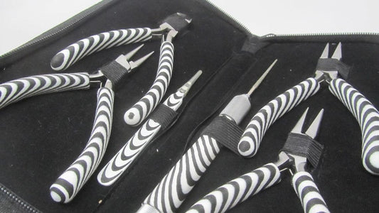 T075 - 6 piece Zebra Tool Plier Kit - BeadSmith - Chain Nose, Round Nose, Flat Nose, Cutters, Tweezers, Reamer! Includes the Zebra Zippered Pouch!