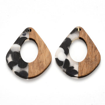 MP0018 - 4 pcs. Black Resin and Wood Teardrop Flat Pendant - 33mm x 28mm - (1.3" x 1.1") - MEDIUM - Polka Dots - Great for Earrings and Necklaces!