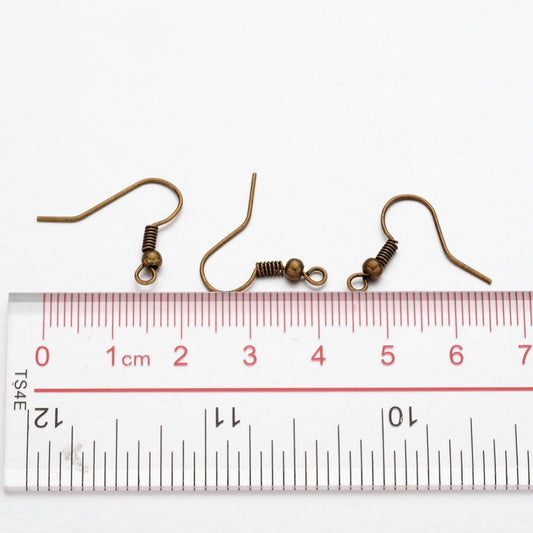 E103 - 200 pcs (100 pairs) Antique Bronze Earring Hooks with Spring and Ball - 19mm x 18mm - Parallel Loop
