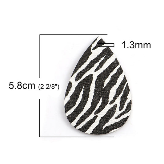 P914 - 10 pcs. Zebra Faux Leather Dangle Charms Pendants - Teardrop - White Black - 54mm (2.13") - Double Sided
