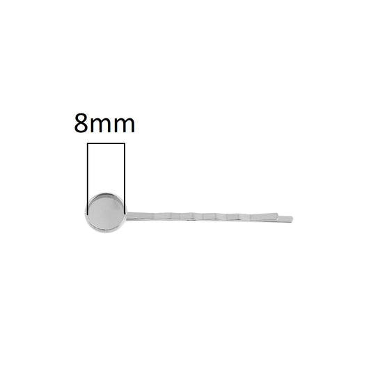 H061 - 10 pcs. - Silver Tone Hair Bobby Pins Cabochons Bezels - 58mm x 10mm - 8mm Glue Pad