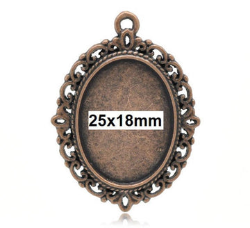 P129 - 10 pcs. Antique Copper Oval Pendant Picture Photo Frame Bezel Setting Pendants Charms - 25mm x 18mm Glue Pad for Cabochons - 25x18mm