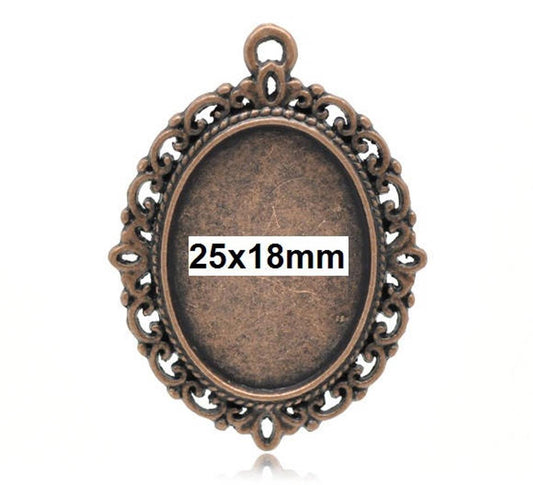 P129 - 10 pcs. Antique Copper Oval Pendant Picture Photo Frame Bezel Setting Pendants Charms - 25mm x 18mm Glue Pad for Cabochons - 25x18mm