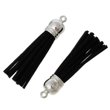 P456 - 10 pcs. Black Faux Suede Tassel Dangle Charms Pendants - Silver Tone - 6cm (2 3/8") x 1.2cm (1/2") - Great for Dangles