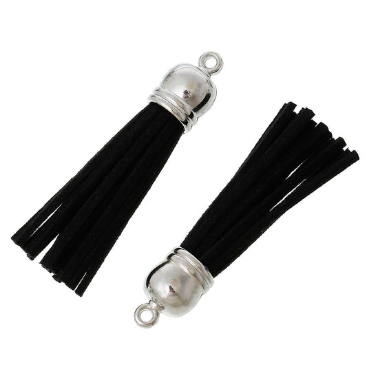 P456 - 10 pcs. Black Faux Suede Tassel Dangle Charms Pendants - Silver Tone - 6cm (2 3/8") x 1.2cm (1/2") - Great for Dangles