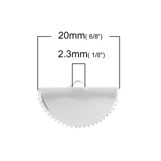 CR005 - 10 pcs. Silver Plated Half Round Ribbon Crimp End Caps - 20mm x 12mm - Great to make tassels and dangles! With teeth