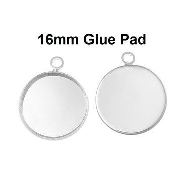 P482 - 10 pcs. Silver Plated Pendant Circle Posts Settings Bezels Trays Cabochons - 16mm Glue Pad Setting - Parallel Loop