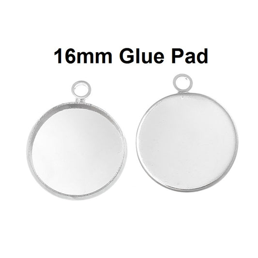 P482 - 10 pcs. Silver Plated Pendant Circle Posts Settings Bezels Trays Cabochons - 16mm Glue Pad Setting - Parallel Loop
