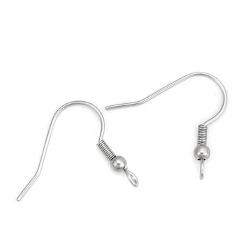 E083B - 1000 pcs 304 Stainless Steel Silver Tone Earring Hooks with Spring and Ball - 22mm x 20mm - Hole Size: 2mm - Perpendicular Loop