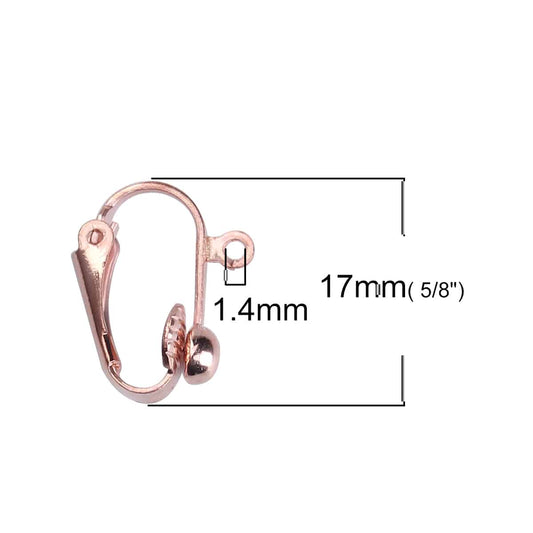 E812 - 10 pcs. Rose Gold Earring Clips Settings Lever Back with Loop - 15mm x 13.5mm - Great for Non-pierced Unpierced Ears
