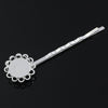 H044 - 10 pcs. - Silver Plated Hair Bobby Pins Cabochons Bezels - 62mm x 17mm (2.45" x 0.67") - 12mm Glue Pad - SMALL Flower Design