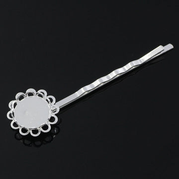 H044 - 10 pcs. - Silver Plated Hair Bobby Pins Cabochons Bezels - 62mm x 17mm (2.45" x 0.67") - 12mm Glue Pad - SMALL Flower Design