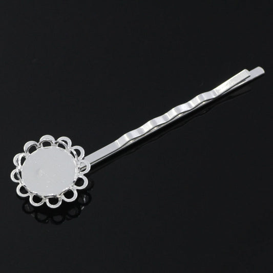 H044 - 10 pcs. - Silver Plated Hair Bobby Pins Cabochons Bezels - 62mm x 17mm (2.45" x 0.67") - 12mm Glue Pad - SMALL Flower Design