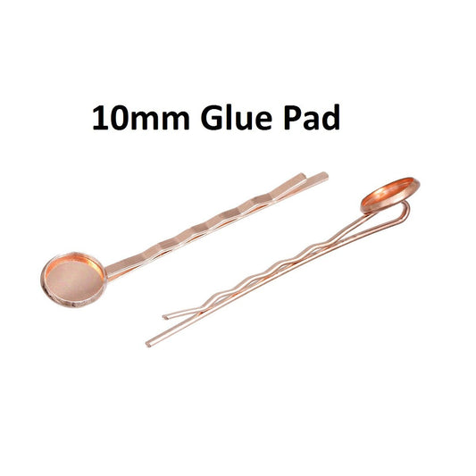 H039 - 10 pcs. - Rose Gold Plated Hair Bobby Pins Cabochons Bezels - 59mm x 12mm (2.32" x 0.47") - 10mm Glue Pad