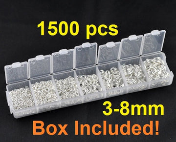 J004 -1500 pcs. Silver Plated Open Jump Rings- 3mm to 8mm - Assortment Box