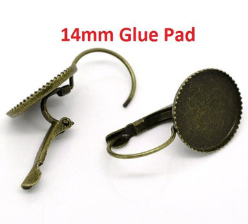 E044 - 10 pcs. Antique Bronze Earring Clips Settings Lever Back Bezels Cabochons - 14mm Glue Pad Setting