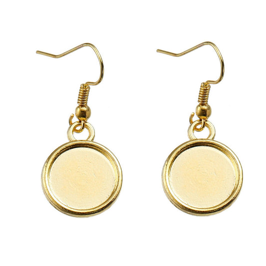 E101 - 10 pcs. Gold Plated Earring Dangle Hooks Settings Bezels Cabochons - 12mm Glue Pad Setting