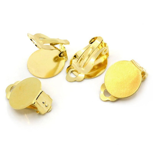 E121A - 10 pcs. Gold Plated Hinged Earring Posts Studs Clips Settings Cabochons Posts - 15mm Glue Pad Setting