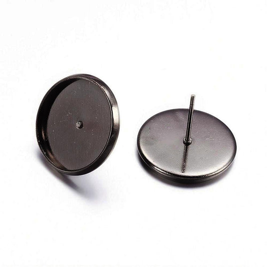 E133 - 10 pcs. Gunmetal Earring Posts Settings Bezels Cabochons Tacks- 14mm Glue Pad Setting