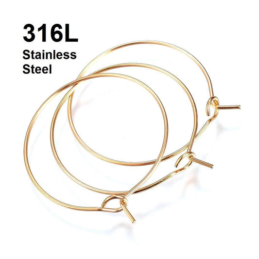 W005 - 10 pcs. 316L Surgical Stainless Steel Gold Plated Wine Charm / Earwire Hoop Rings - 25mm - 20 Gauge (0.8mm Thick) - Hypoallergenic!
