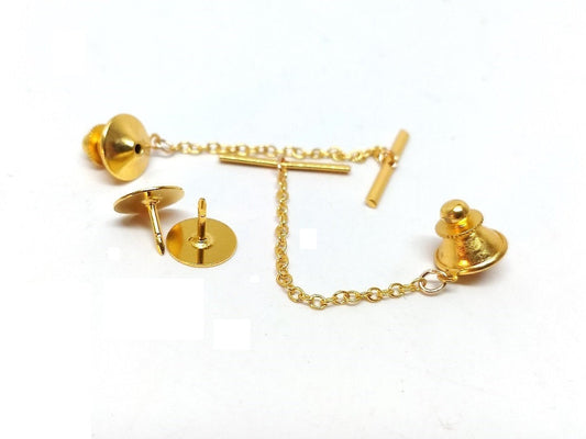 TC041A - 10 Sets - Gold Tone Tie Tacks (Spring Loaded Clutch and Chain) - 20mm Bar - 50mm Chain - 11mm Clutch