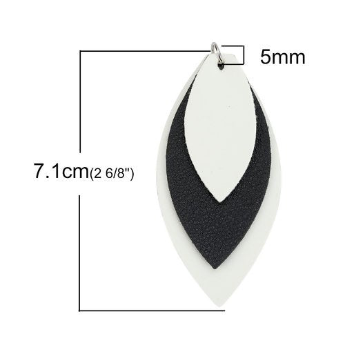 10 pcs. White Black White Faux Leather Dangle Charms Pendants - Leaf - Triple Layer - 71mm (2.8") - Great for Light Earrings or Dangles!