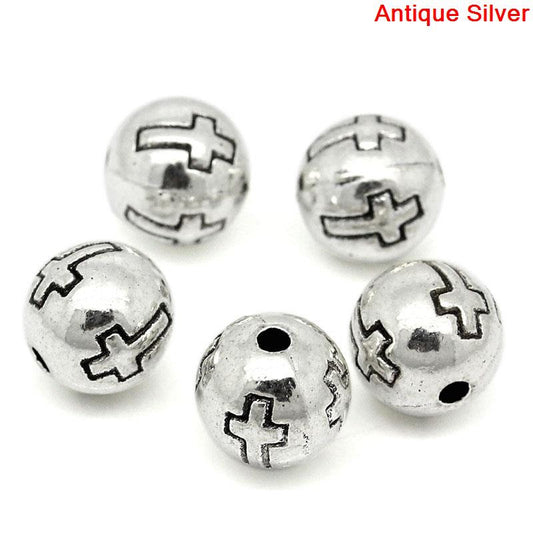 BD529 - 50 pcs Antique Silver Round Spacer Beads - 8mm - Cross Design - Hole Size: 1.3mm - METAL beads