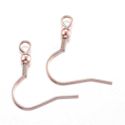 E543 - 50 pcs 304 Stainless Steel Rose Gold Earring Hooks with Spring and Ball - 20mm x 19mm - Hole: 2mm - 0.8mm Pin - Light Rose Gold Tone
