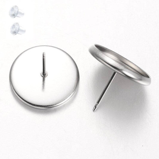 E163 - 10 pcs. Stainless Steel Earring Posts Studs Settings Bezels Cabochons Tacks - 16mm Glue Pad Setting - Tarnish Resistant!
