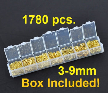 J179 - Box with Assortment of 1780pcs Gold Plated Open Jump Rings- 3mm to 9mm