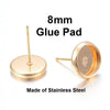 E299 - 10 pcs. 304 Stainless Steel Gold Plated Earring Posts Settings Bezels Cabochons Tacks- 8mm Glue Pad Setting - with Stoppers!