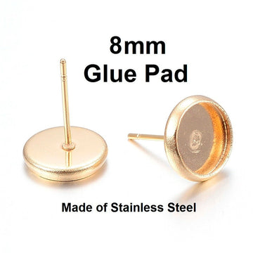 E299 - 10 pcs. 304 Stainless Steel Gold Plated Earring Posts Settings Bezels Cabochons Tacks- 8mm Glue Pad Setting - with Stoppers!