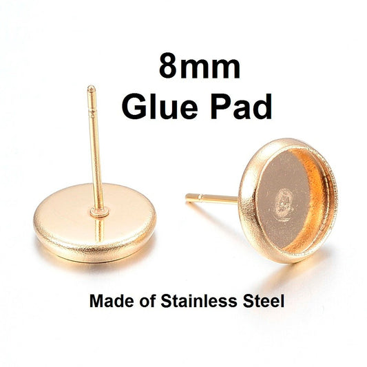 E299 - 10 pcs. 304 Stainless Steel Gold Plated Earring Posts Settings Bezels Cabochons Tacks- 8mm Glue Pad Setting - with Stoppers!