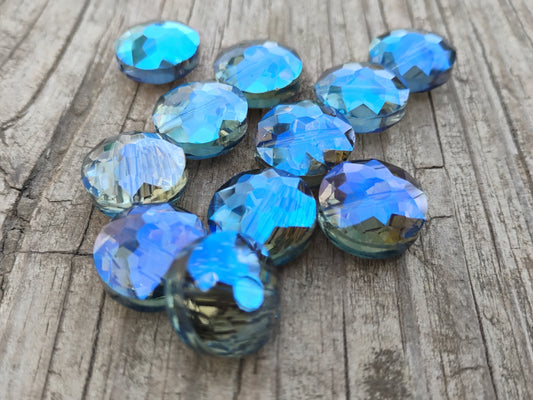 BD953 - 20 pcs Glass Rondelle Faceted Round Flat Beads - 14mm - Light Blue - Iridescent Multicolor - Hole Size: 1.4mm