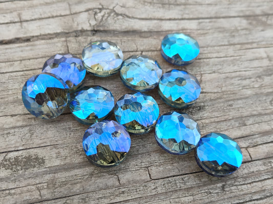 BD953 - 20 pcs Glass Rondelle Faceted Round Flat Beads - 14mm - Light Blue - Iridescent Multicolor - Hole Size: 1.4mm