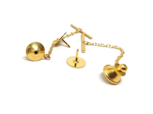 TC041A - 10 Sets - Gold Tone Tie Tacks (Spring Loaded Clutch and Chain) - 20mm Bar - 50mm Chain - 11mm Clutch