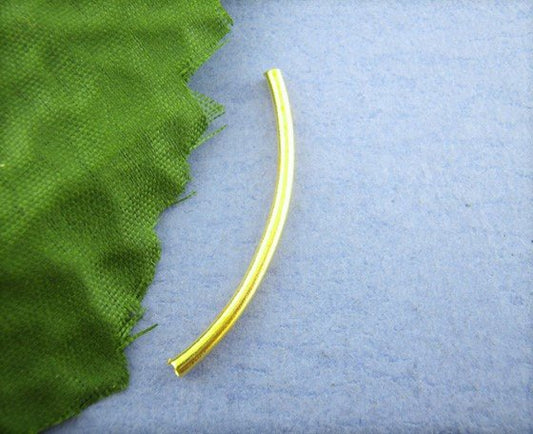 BD530 - 200 pcs. Gold Plated Noodle Tube Long Smooth Thin Curved Beads - 35mm x 2mm (1.38" x 0.08")