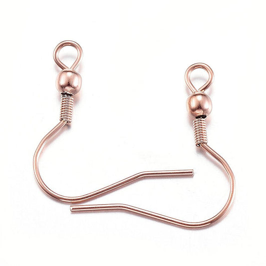 E543 - 50 pcs 304 Stainless Steel Rose Gold Earring Hooks with Spring and Ball - 20mm x 19mm - Hole: 2mm - 0.8mm Pin - Light Rose Gold Tone