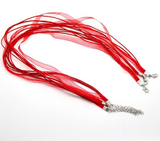 N035 - 15 pcs. Bright Red Organza Ribbon Waxen Cord Necklaces with Lobster Clasp - 17 inch (43 cm) - Claw Clasp