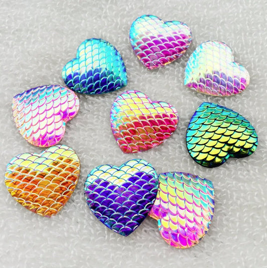 CA568 - 40 pcs Assortment of Iridescent Mermaid Fish Scales Resin Carved Embellishment Cabochons - 25mm (1") - Heart